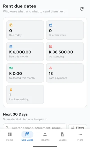 Rent due dates with outstanding rent and late payments.