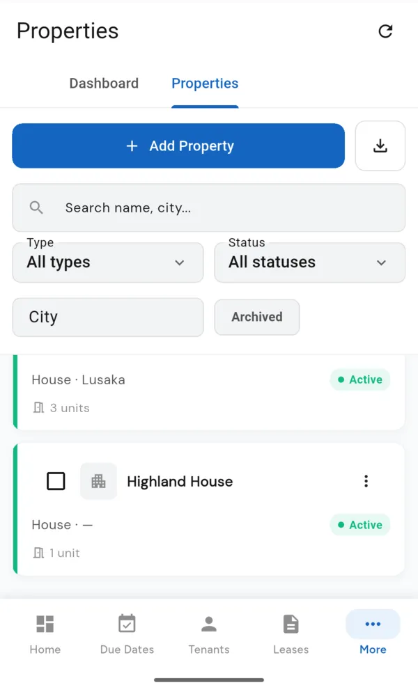 Properties list with filters by type, status and city.