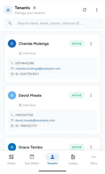Tenants list with phone, email and ID number.